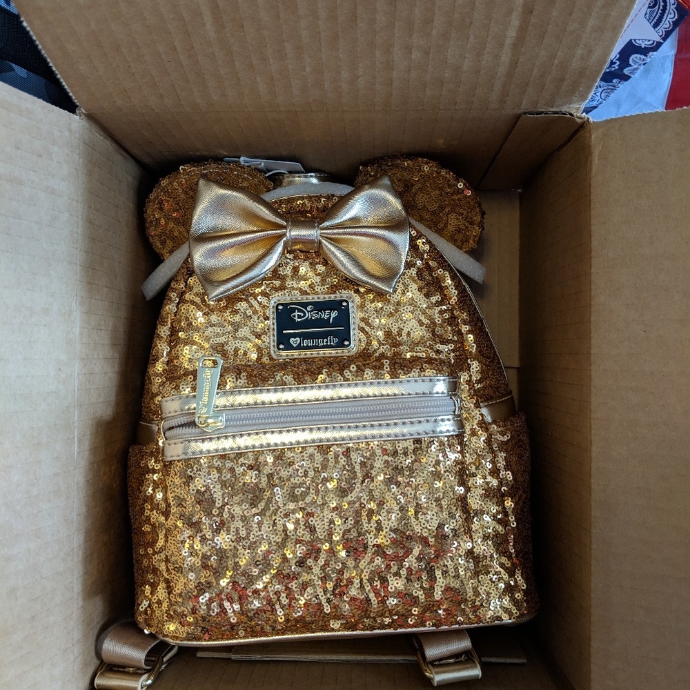 Gold Minnie Mouse Loungefly official backpack